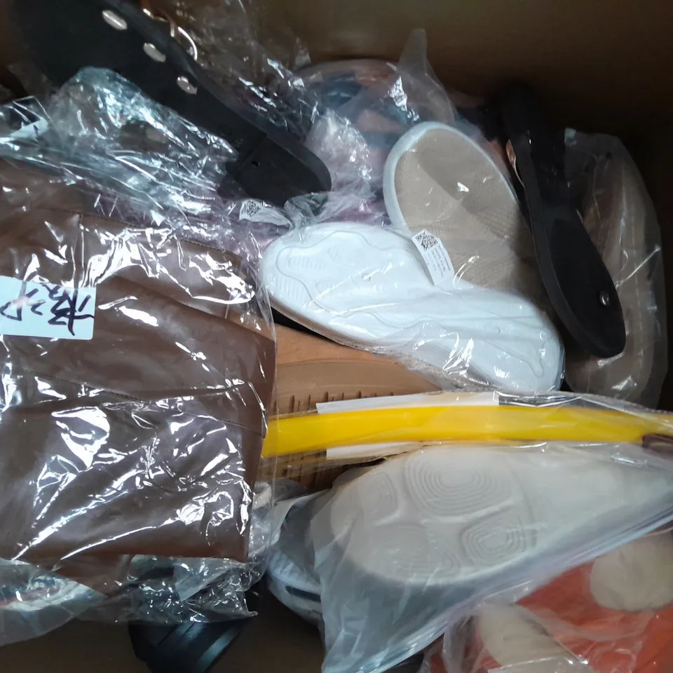 BOX OF APPROXIMATELY 20 ASSORTED PAIRS OF SHOES AND FOOTWEAR ITEMS IN VARIOUS COLOURS, STYLES, AND SIZES - COLLECTION ONLY