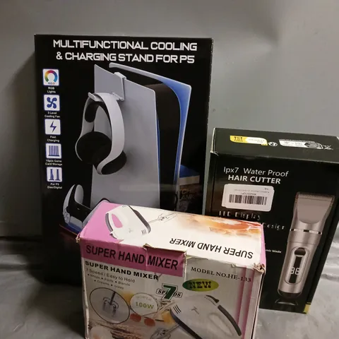 APPROXIMATELY 6 ASSORTED ITEMS TO INCLUDE COOLING AND CHARGING STAND FOR PS5, HAIR TRIMMEER, HAND MIXER, ETC