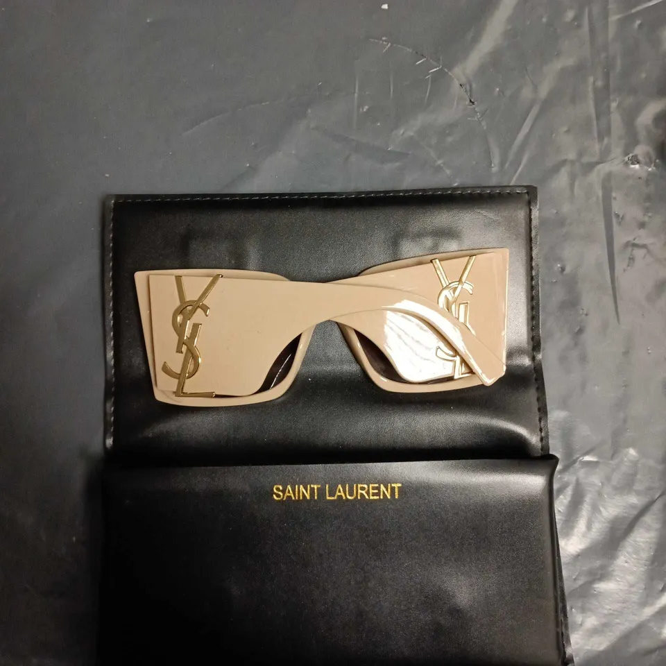 SAINT LAURENT SUNGLASSES – BEIGE SQUARE FRAME WITH YSL LOGO, BOXED
