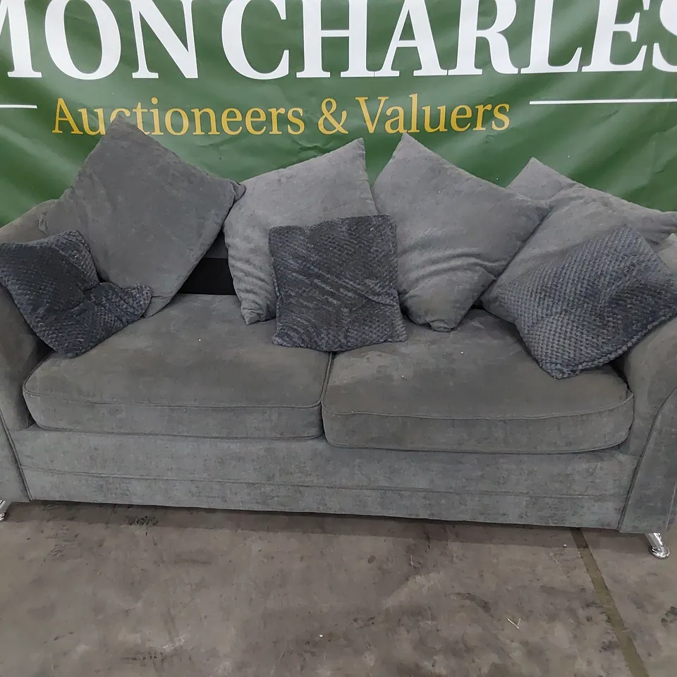 DESIGNER THREE SEATER SOFA WITH SCATTER CUSHIONS GREY FABRIC 
