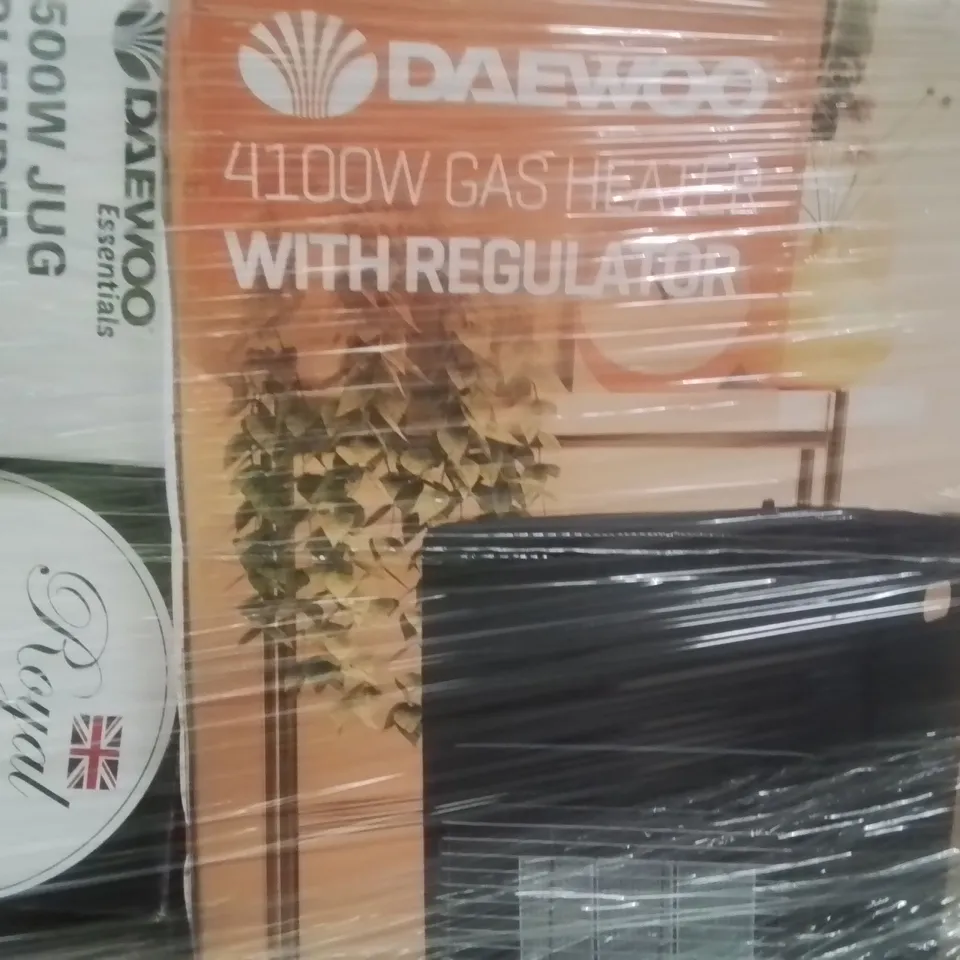 PALLET CONTAINING VARIOUS ELECTRICAL ITEMS AND HOUSEHOLD PRODUCTS TO INCLUDE:4100W GAS HEATER,500W JUG BLENDER,BLENDER AND GRINDER