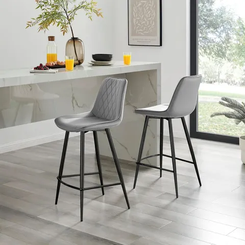 BOXED 2× PESARO GREY VELVET COUNTER STOOLS BLACK LEGS