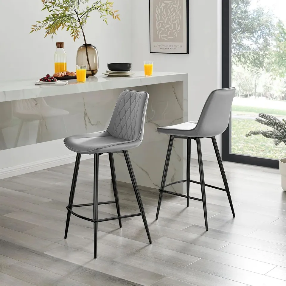 BOXED 2× PESARO GREY VELVET COUNTER STOOLS BLACK LEGS