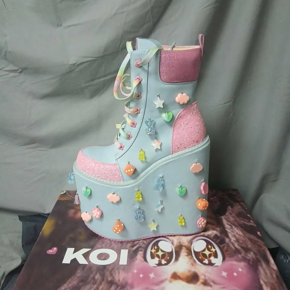 KOI KIDS PLATFORM BOOTS – BLUE WITH PINK GLITTER, LACES & CHARMS, UK 6 (US 7)