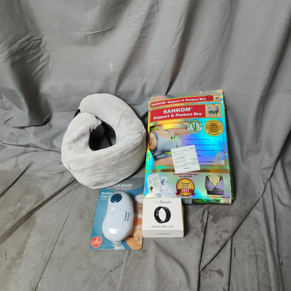 BOX OF APPROXIMATELY 20 ASSORTED HOUSEHOLD ITEMS INCLUDING NECK PILLOW, SUPPORT AND POSTURE BRA, SMART RING LITE, AUTOMATIC CAN OPENER ETC
