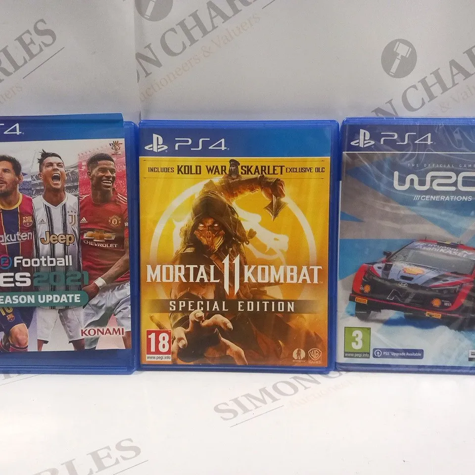 3 ASSORTED PLAYSTATION 4 GAMES TO INCLUDE; MORTAL KOMBAT II, W2C GENERATIONS AND FOOTBALL PES 2021