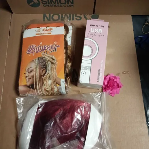APPROXIMATELY 15 ASSORTED HEALTH & BEAUTY PRODUCTS TO INCLUDE LASH FAN, FLOWER HAIR CLIPS, ARRAY OF WIGS ETC