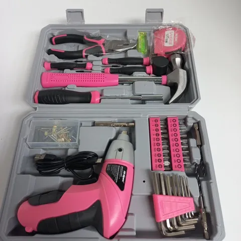 PINK TOOL KIT CASE WITH DRILL/DRIVER, PLIERS, TAPE MEASURE, BITS & HEX KEYS