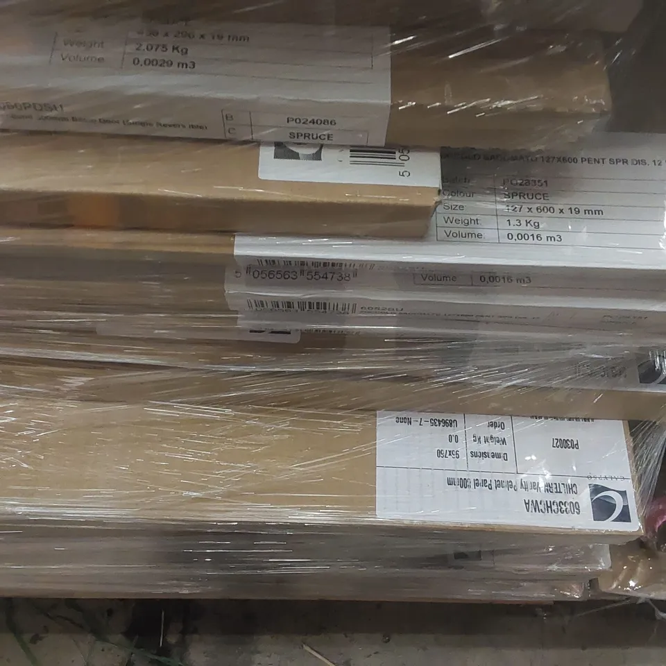 PALLET CONTAINING A LARGE QUANTITY OF ASSORTED BATHROOM FURNITURE PARTS INCLUDING: PENTLAND BASE DOORS, VANITY PELMET PANEL ECT