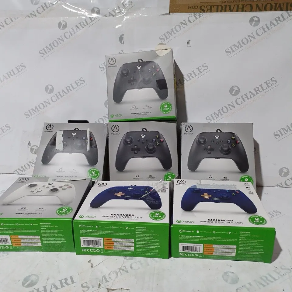 BOX OF 7 ASSORTED BOXED POWER A XBOX ONE WIRED CONTROLLERS IN VARIOUS COLOURS