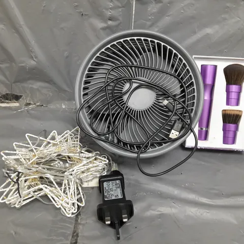 APPROXIMATELY 10 ASSORTED ITEMS TO INCLUDE FOLDABLE FAN, BLENDING BRUSH, OUTDOOR STAR LIGHTS, ETC