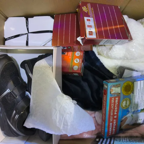 BOX OF APPROXIMATELY 15 ASSORTED ITEMS TO INCLUDE SHOES, SUPPORT BRA AND CLOTHING