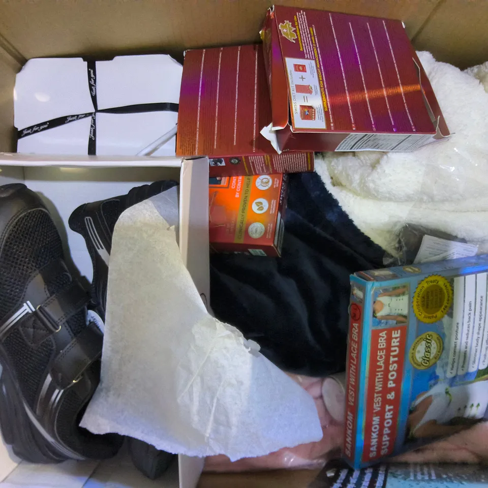 BOX OF APPROXIMATELY 15 ASSORTED ITEMS TO INCLUDE SHOES, SUPPORT BRA AND CLOTHING