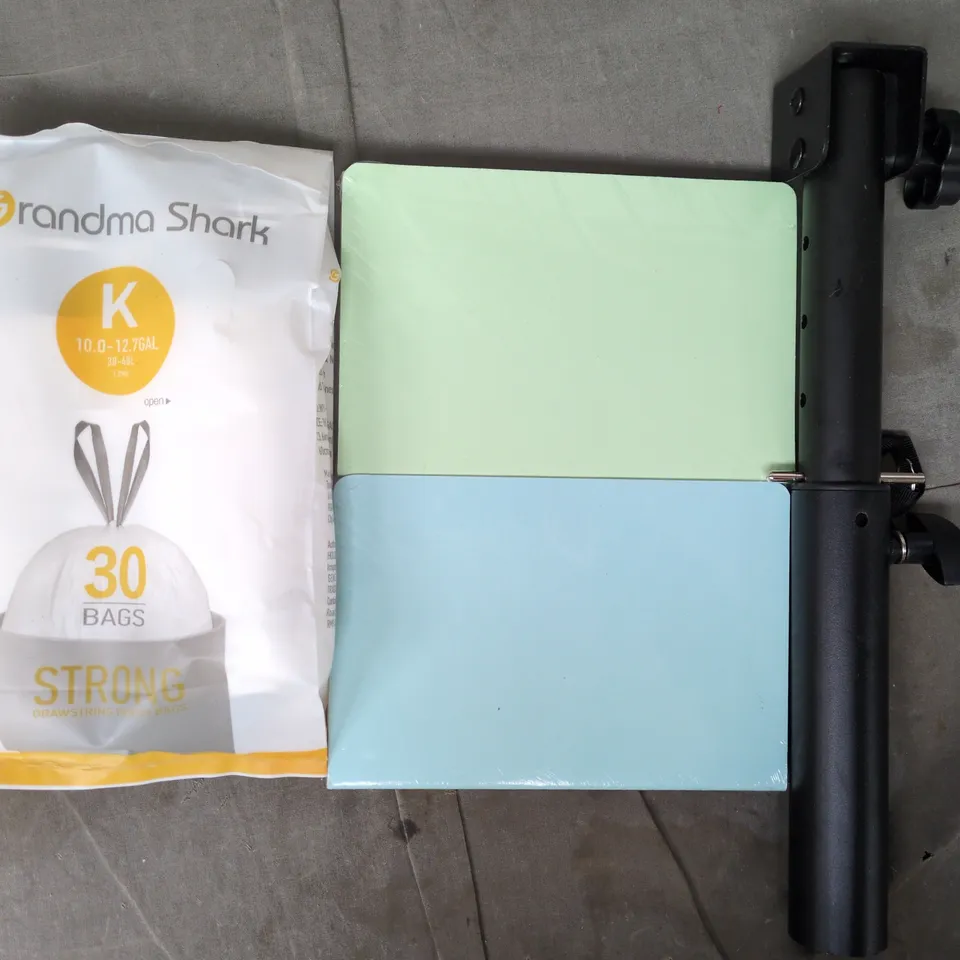 BOX OF APPROXIMATELY 20 ASSORTED HOUSEHOLD ITEMS TO INCLUDE DRAWSTRING TRASH BAGS, MULTICOLOURED A5 NOTEBOOKS, ETC - COLLECTION ONLY
