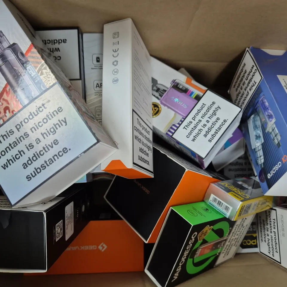 BOX OF APPROXIMATELY 20 ASSORTED VAPING ITEMS AND PRODUCTS TO INCLUDE VAPORESSO, ASPIRE, ETC