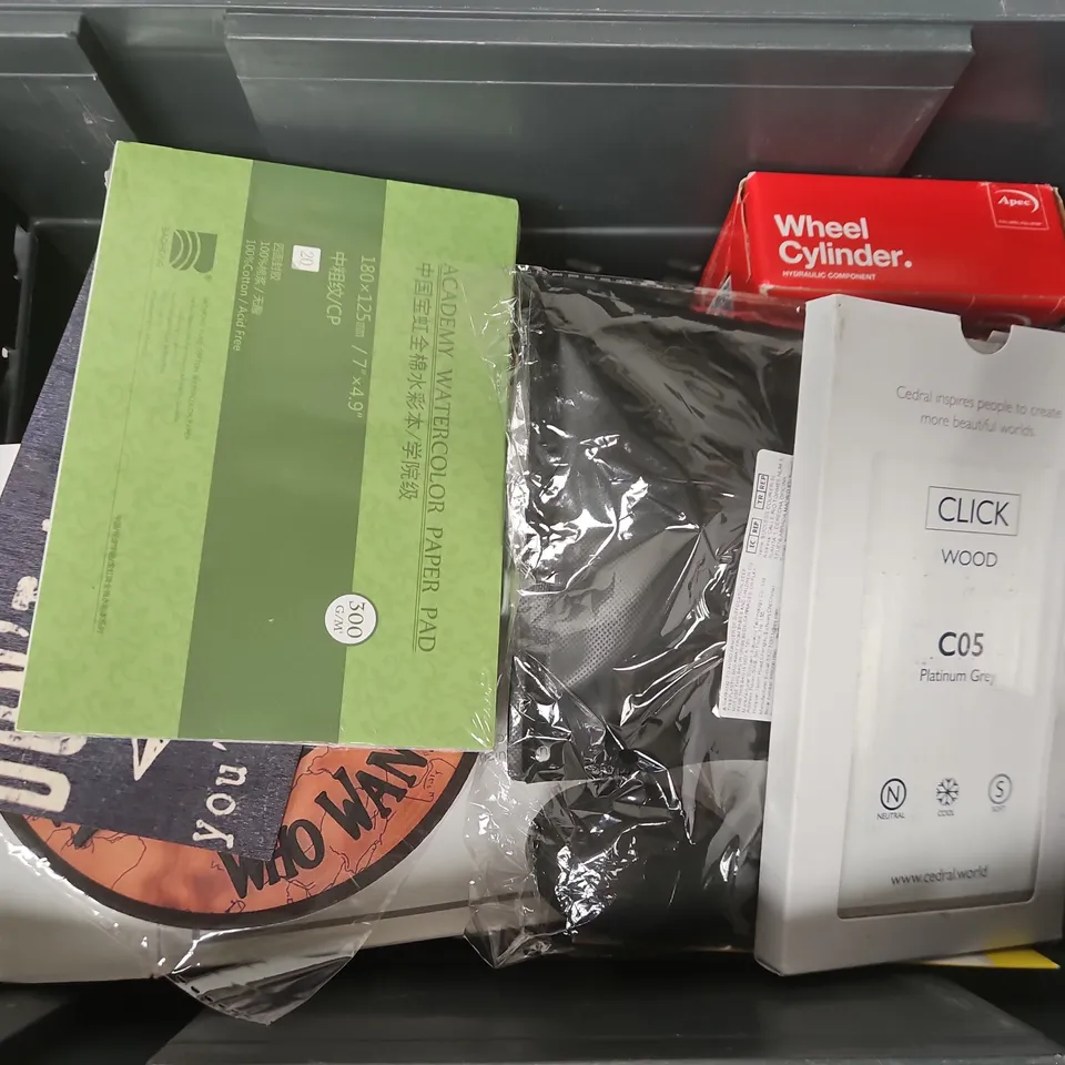 APPROXIMATELY 12 ASSORTED HOUSEHOLD ITEMS TO INCLUDE DHS FABRIC CARE KIT, WHEEL CYLINDER, ACADEMY WATERCOLOR PAPER PAD, ETC