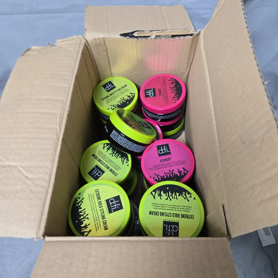 BOX OF APPROXIMATELY 15 ASSORTED D:FI HAIR CARE PRODUCTS INCLUDING D:SCULPT/EXTREME HOLD STYLING CREAM/MATTE CLAY
