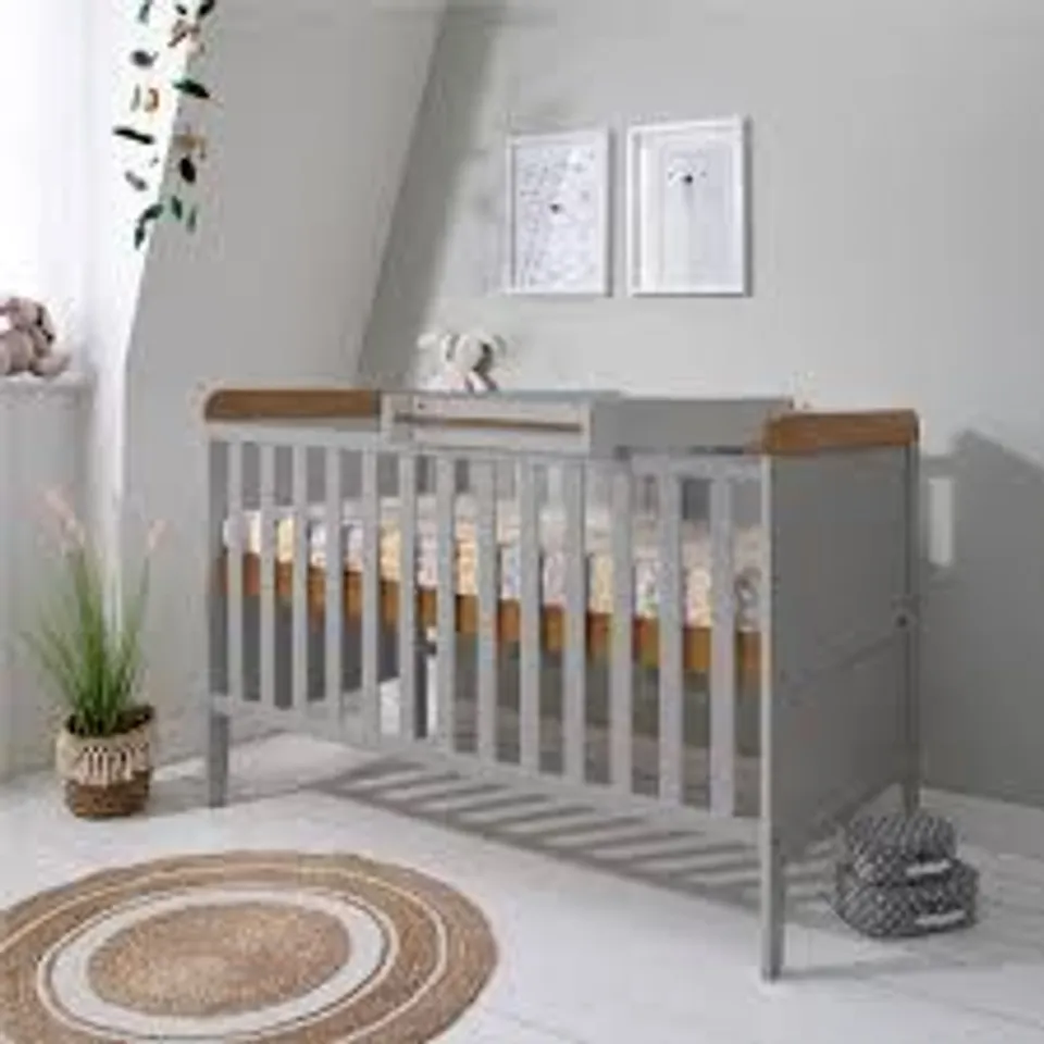 BOXED RIO COT BED WITH COT TOP CHANGER & MATTRESS - GREY/OAK (1 BOX)