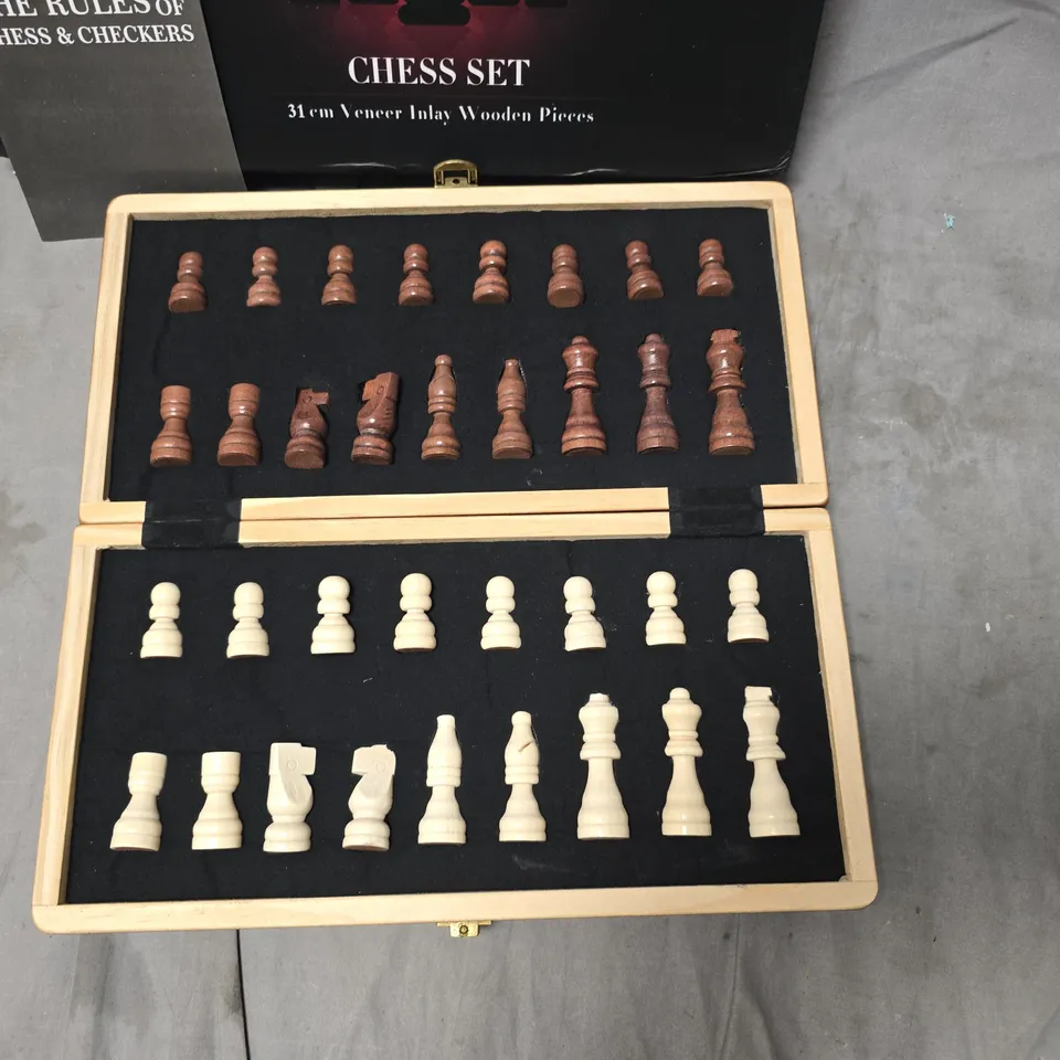 Wooden Chess Set with Inlay Veneer, 31 cm Board, Brown & Ivory Pieces in Box