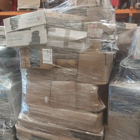 PALLET OF ASSORTED E-COMMERCE GOODS AND PRODUCTS TO INCLUDE: CHILDREN'S CAR SEAT, QUILTED SUNLOUNGER, GARDEN PARASOL, CAMPING CHAIRS ECT