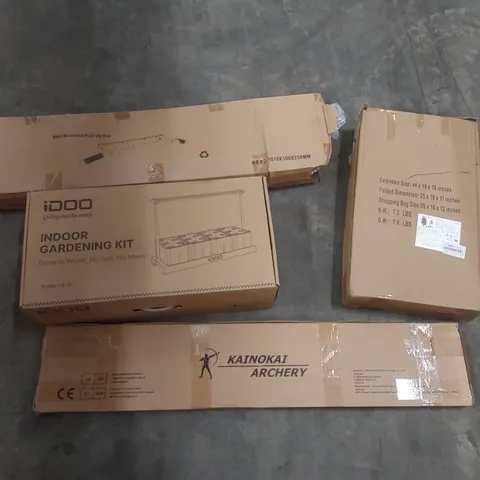 PALLET OF ASSORTED HOUSEHOLD ITEMS AND CONSUMER PRODUCTS TO INCLUDE; WALL MOUNTED PULL UP BAR, INDOOR GARDENING KIT, TROLLEY, SPORTS EQUIPMENT, BOXED FURNITURE ETC 