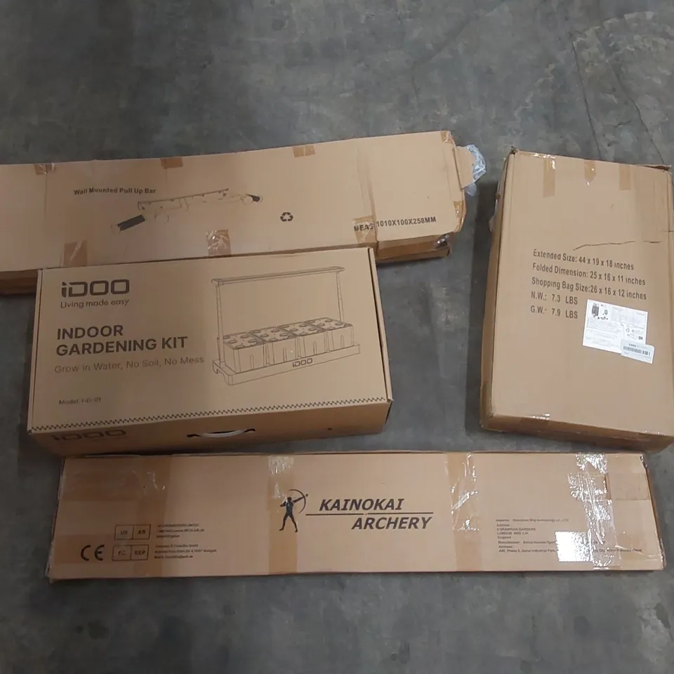 PALLET OF ASSORTED HOUSEHOLD ITEMS AND CONSUMER PRODUCTS TO INCLUDE; WALL MOUNTED PULL UP BAR, INDOOR GARDENING KIT, TROLLEY, SPORTS EQUIPMENT, BOXED FURNITURE ETC 