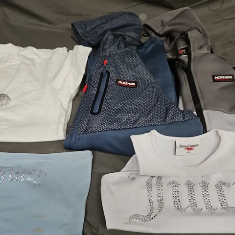 ASSORTED ITEMS OF CLOTHING TO INCLUDE JACKETS, TOPS, BAGS IN ASSORTED STYLES AND SIZES