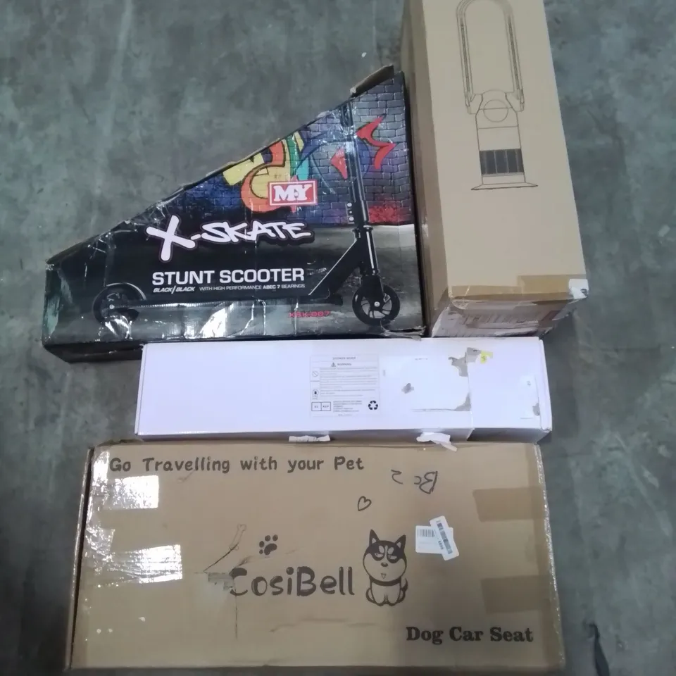 PALLET CONTAINING ASSORTED PRODUCTS INCLUDING STUNT SCOOTER, BLADELESS PURIFIER & FAN, DOG CAR SEAT, SHOWER MIXER