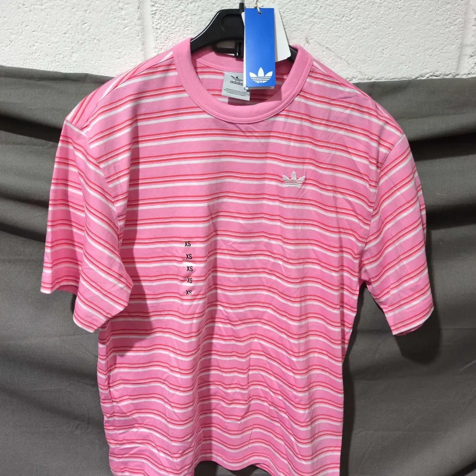 ADIDAS STRIPE TEE IN PINK/WHITE/RED SIZE XS