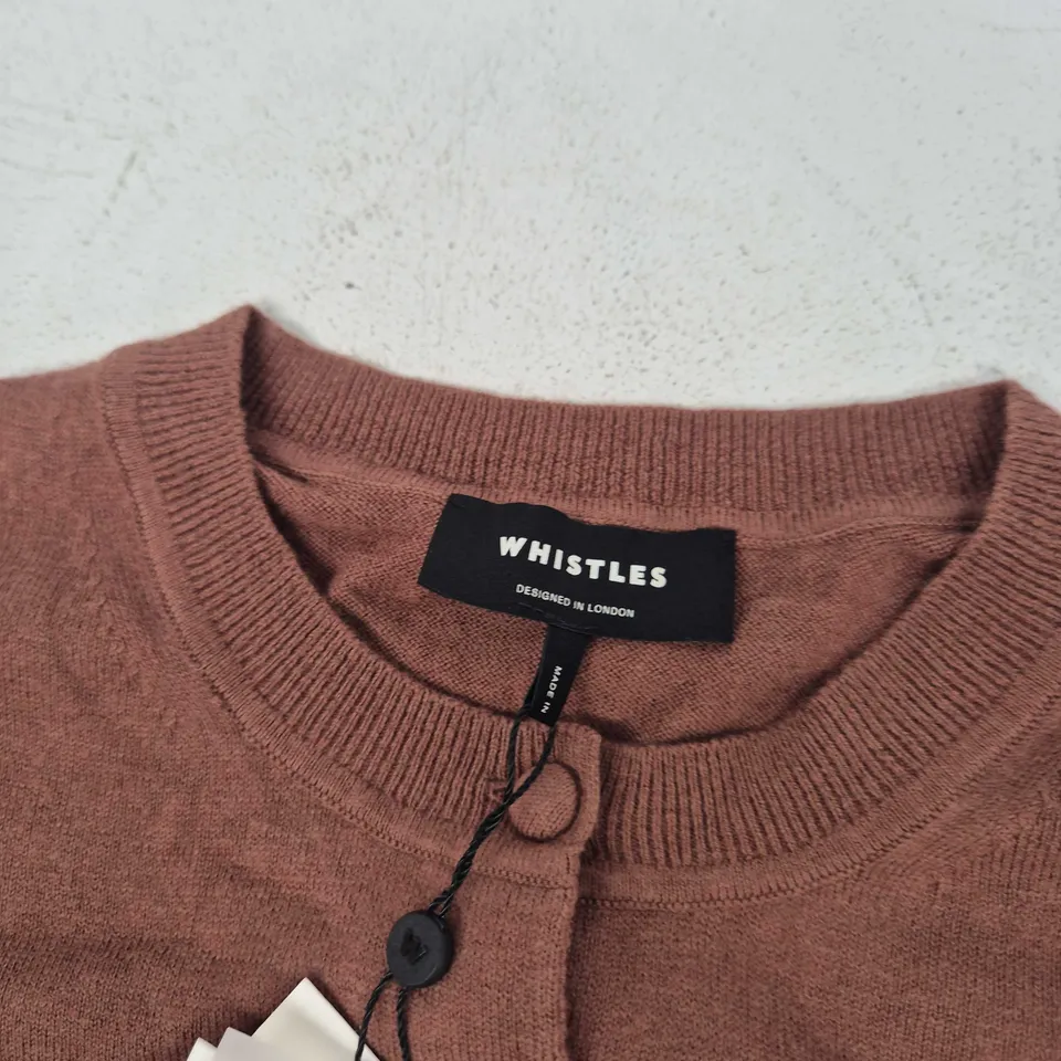 WHISTLES FINE GAUGE CREW NECK CARDIGAN IN BROWN - MEDIUM