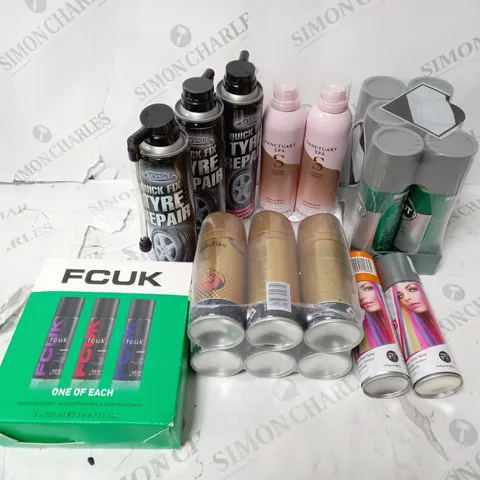 APPROXIMATELY 10 FRAGANCES AND REPAIR TOOLS INCLUDING SANCTUARY SPA LILY ROSE COLLECTION AND QUICK FIX TYRE REPAIR