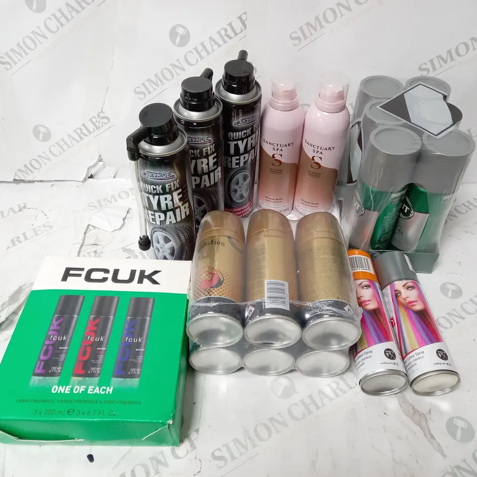 APPROXIMATELY 10 FRAGANCES AND REPAIR TOOLS INCLUDING SANCTUARY SPA LILY ROSE COLLECTION AND QUICK FIX TYRE REPAIR 