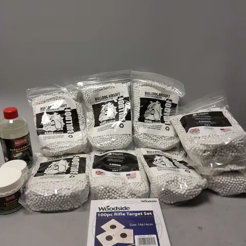 APPROXIMATELY 15 AIRSOFT PRODUCTS TO INCLUDE BULLDOG AIRSOFT PELLETS, WOODSIDE RIFLE TARGETS, SILENCER CLEANER, ETC - COLLECTION ONLY