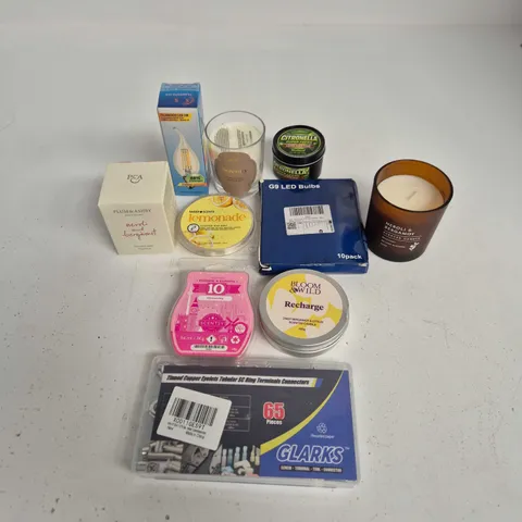 TOTE OF APPROXIMATELY 15 ASSORTED ITEMS INCLUDING NEROLI & BERGAMOT SCENTED CANDLE, GLARKS TINNED COPPER EYELETS TUBULAR SC RING TERMINAL CONNECTORS AND BLOOM & WILD RECHARGE SCENTED CANDLE