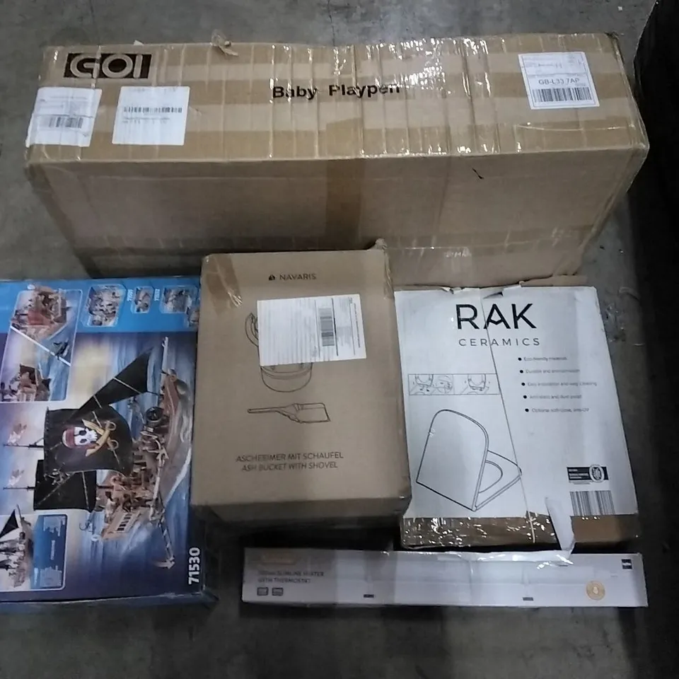 PALLET CONTAINING ASSORTED PRODUCTS INCLUDING BABY PLAYPEN, TOILET SEAT, ASH BUCKET WITH SHOVEL, SLIMLINE HEATER & PLAYMOBIL PIRATE SET