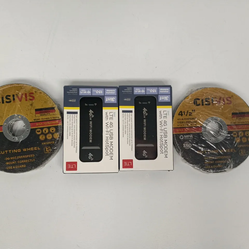APPROXIMATELY 10 ASSORTED HOUSEHOLD ITEMS TO INCLUDE USB MODEM, CUTTING WHEEL, ETC