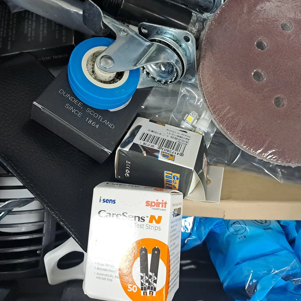 APPROXIMATELY 15 ASSORTED HOUSEHOLD ITEMS TO INCLUDE PAPER CLIPS, BLACK SHOE POLISH, MINI MASSAGER, ETC