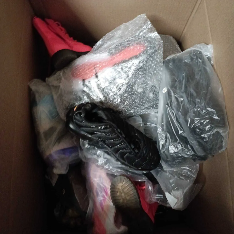 BOX OF APPROXIMATELY 12 PAIRS OF ASSORTED SHOES IN VARIOUS COLOUR, STYLES AND SIZES