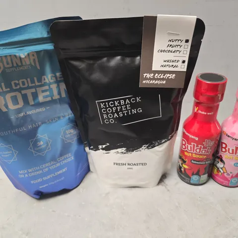 APPROXIMATELY 8 ASSORTED FOOD ITEMS TO INCLUDE - SUNNA HALA COLLAGEN PROTEIN , BULDAK HOT SAUCE ETC