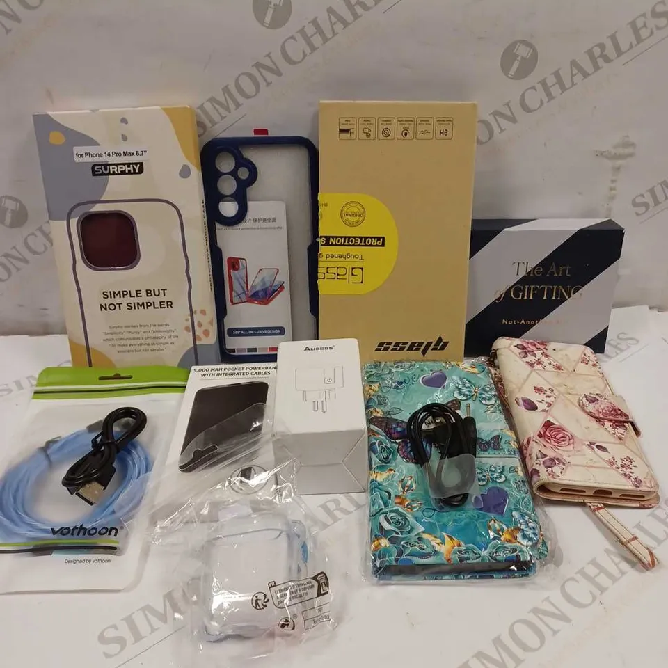 LOT TO CONTAIN APPROX 20 X ASSORTED PHONE ACCESSORIES, INCLUDES PHONE CASES, CHARGING CABLES, SCREEN PROTECTORS ETC