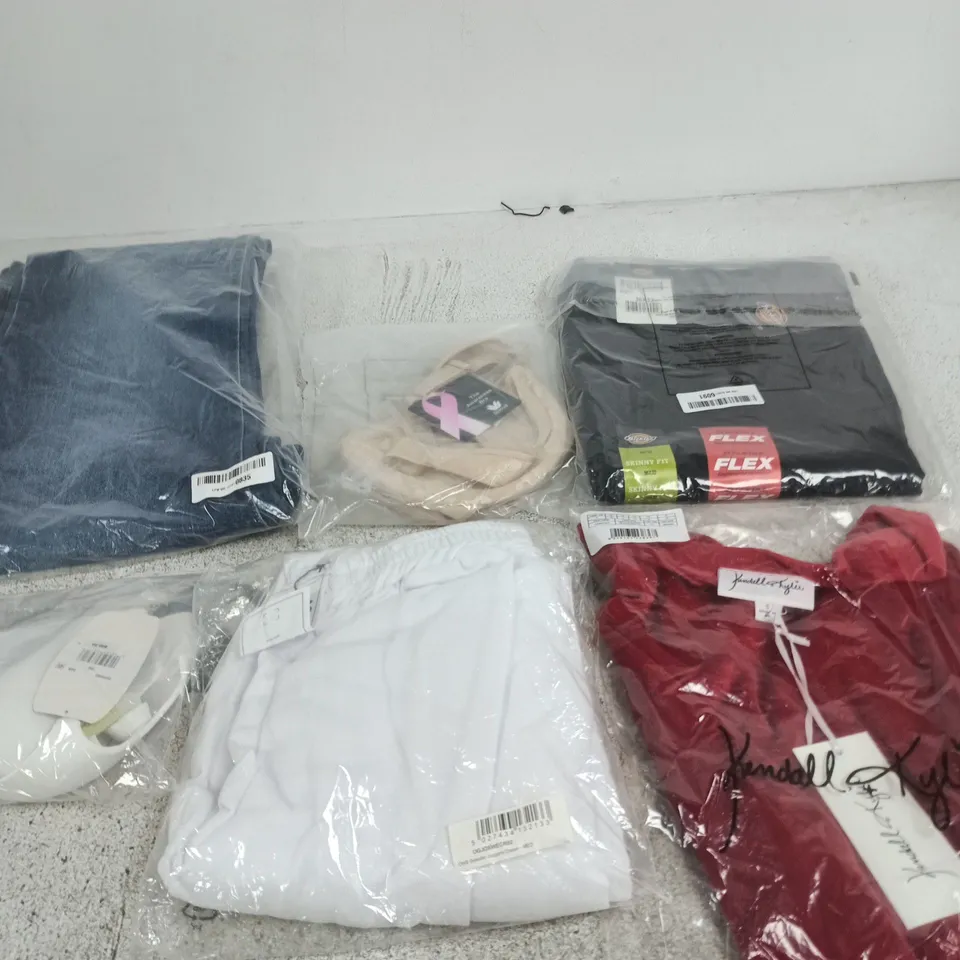 BOX OF APPROXIMATELY 40 ASSORTED CLOTHING ITEMS INCLUDING KENDAL & KYLIE ACTIVE VELVET UNEVEN CROP TOP, DICKIES SKINNY FIT TROUSERS AND ONLINE HOME SHOP JOGGERS