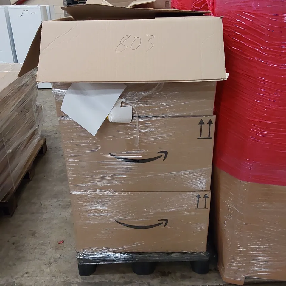 PALLET OF ASSORTED HOUSEHOLD ITEMS AND CONSUMER PRODUCTS. INCLUDING STEAM IRONS, TIRE PUMP, CORDLESS PUMP ETC
