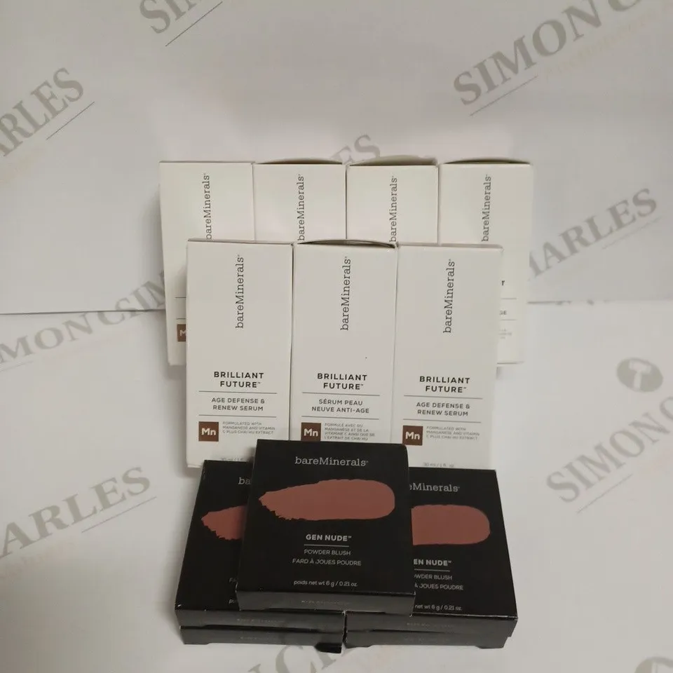 LOT OF 12 ASSORTED BARE MINERALS BEAUTY PRODUCTS TO INCLUDE BRILLIANT FUTURE AGE DEFENCE & RENEW SERUM AND GET NUDE POWDER BLUSH