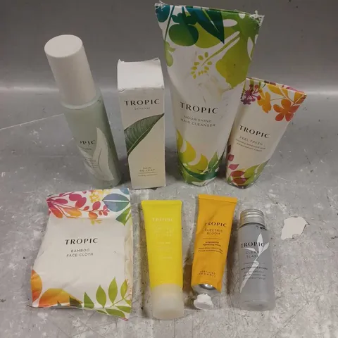 TROPIC SKINCARE LOT OF 8 ASSORTED COSMETIC PRODUCTS TO INCLUDE - CLEAR SLATE DEEP CLEANSING POWDER - SKIN RE-LEAF MOISTURISER - ELECTRIC BLOOM TIGHTENING MASK - ETC