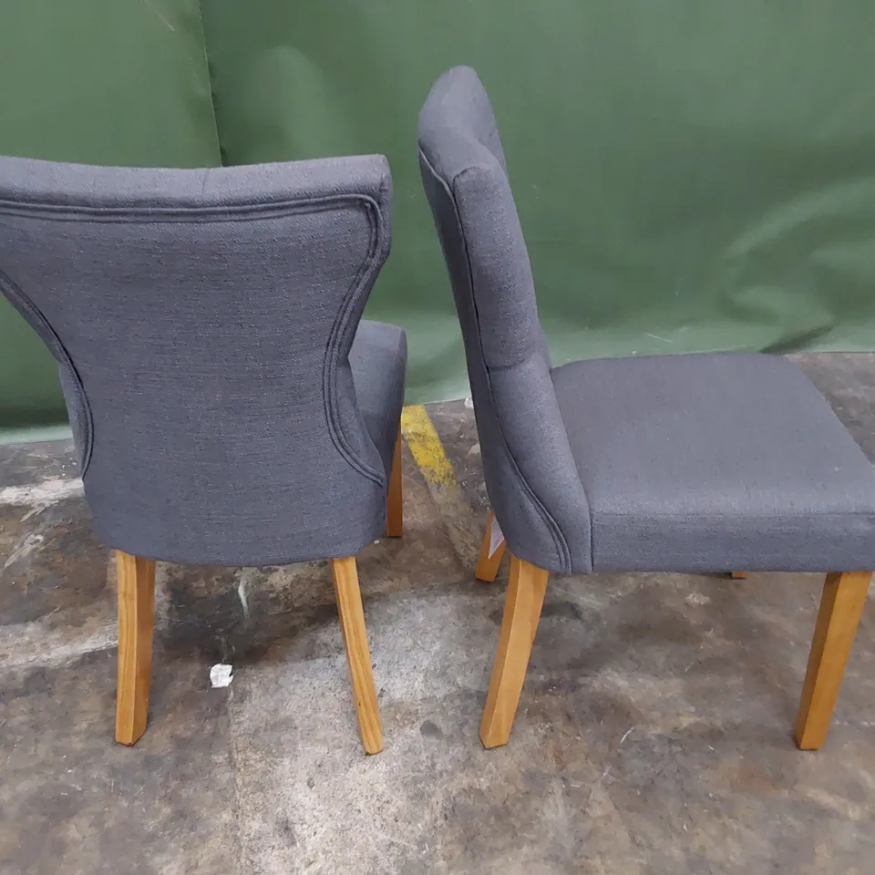PAIR UPHOLSTERED BUTTONED BACK DINING CHAIRS CHARCOAL FABRIC ON NATURAL WOOD LEGS 