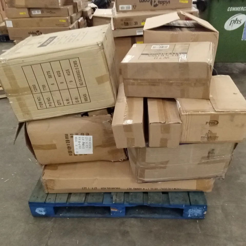 PALLET OF ASSORTED E-COMMERCE GOODS AND PRODUCTS TO INCLUDE; CHRISTMAS DECORATIONS, DINING SET PARTS, SMALL LED LANTERNS, FOAM INTERLOCKING MATS ETC