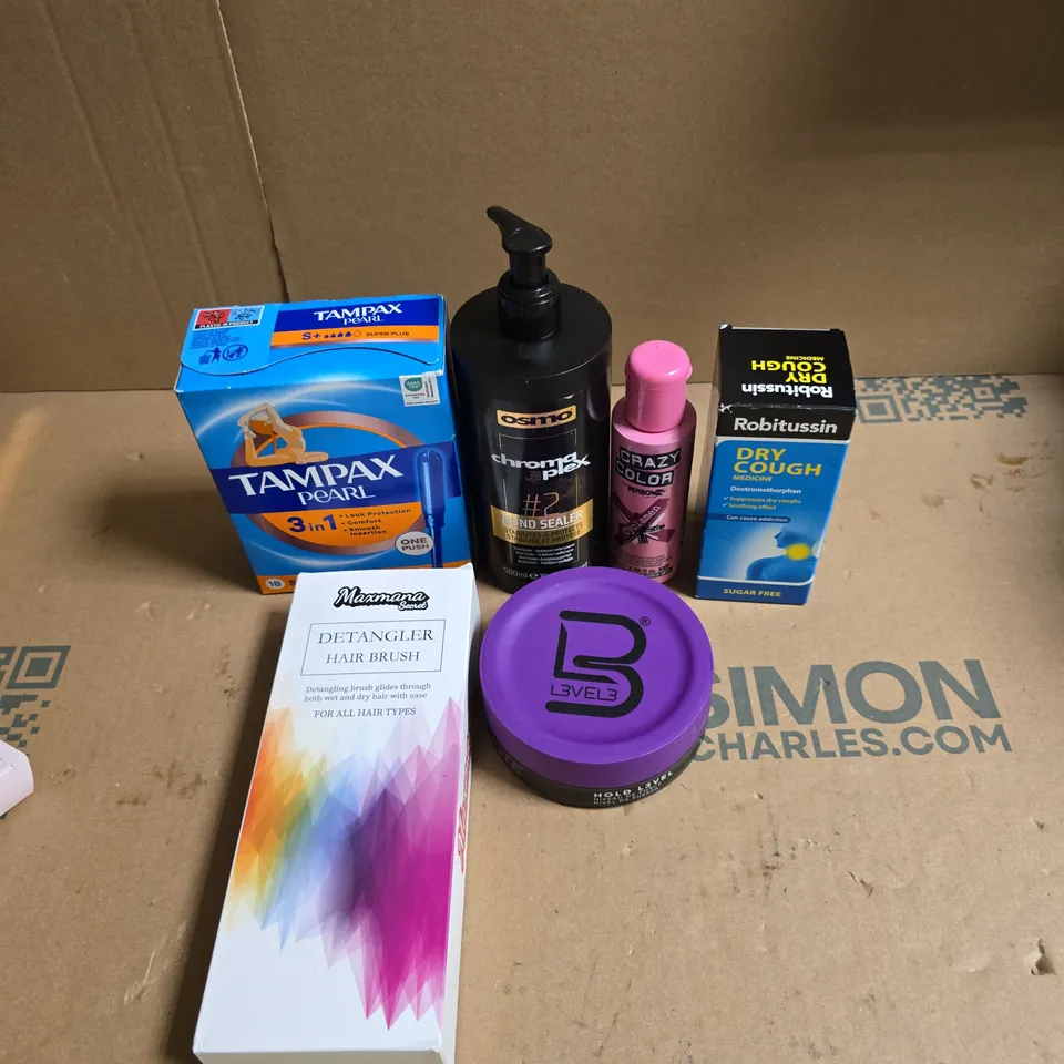 APPROXIMATEY 20 ASSORTED HEALTH AND BEAUTY PRODUCTS TO INCLUDE - ROBITUSSIN DRY COUGH MEDICINE - TAMPAX PEARL AND LEVEL 3 PASTE