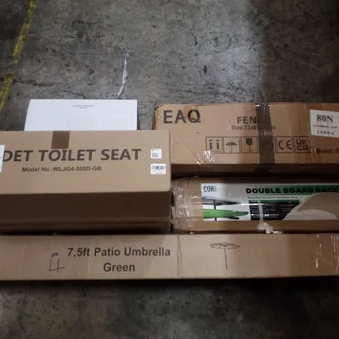 PALLET CONTAINING ASSORTED PRODUCTS INCLUDING 7.5FT PATIO UMBRELLA GREEN, DOUBLE BOARD RACK, FENCE 72×21×22CM, 3-SPEED TURNTABLE SYSTEM & TOILET SEAT