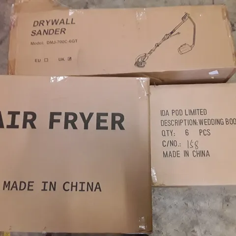PALLET OF ASSORTED HOUSEHOLD ITEMS TO INCLUDE DRYWALL SANDER, WEDDING BOOKS, PLAY PENS AND AIR FRYER