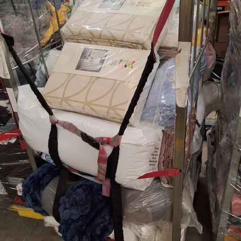 CAGE CONTAINING ASSORTED CURTAINS, TOWELS, BED PILLOWS & PILLOWCASES